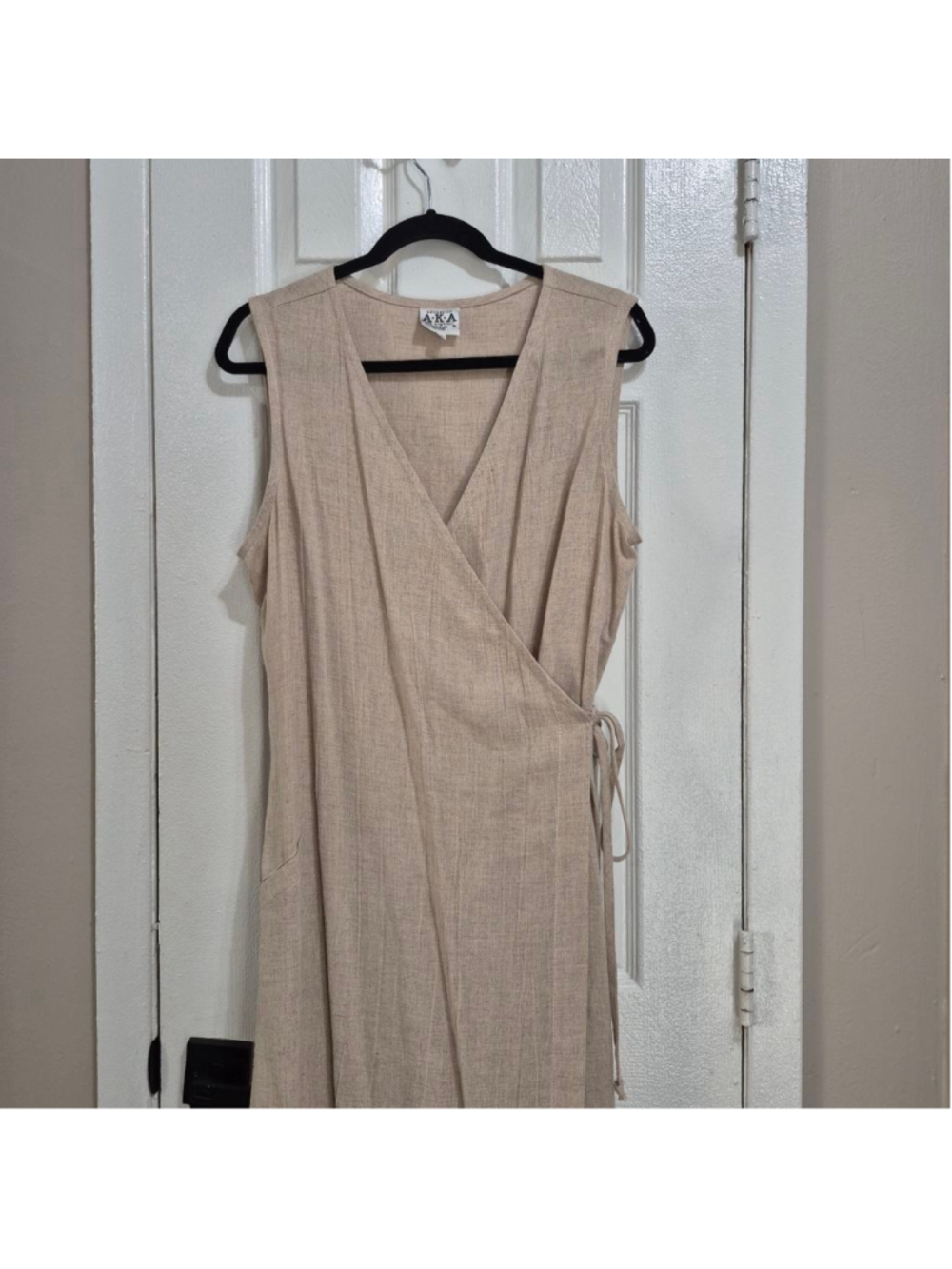 Women's vtg AKA Los Angeles Beige Linen Blend Sleeveless Wrap Maxi Dress XL - Picture 3 of 11